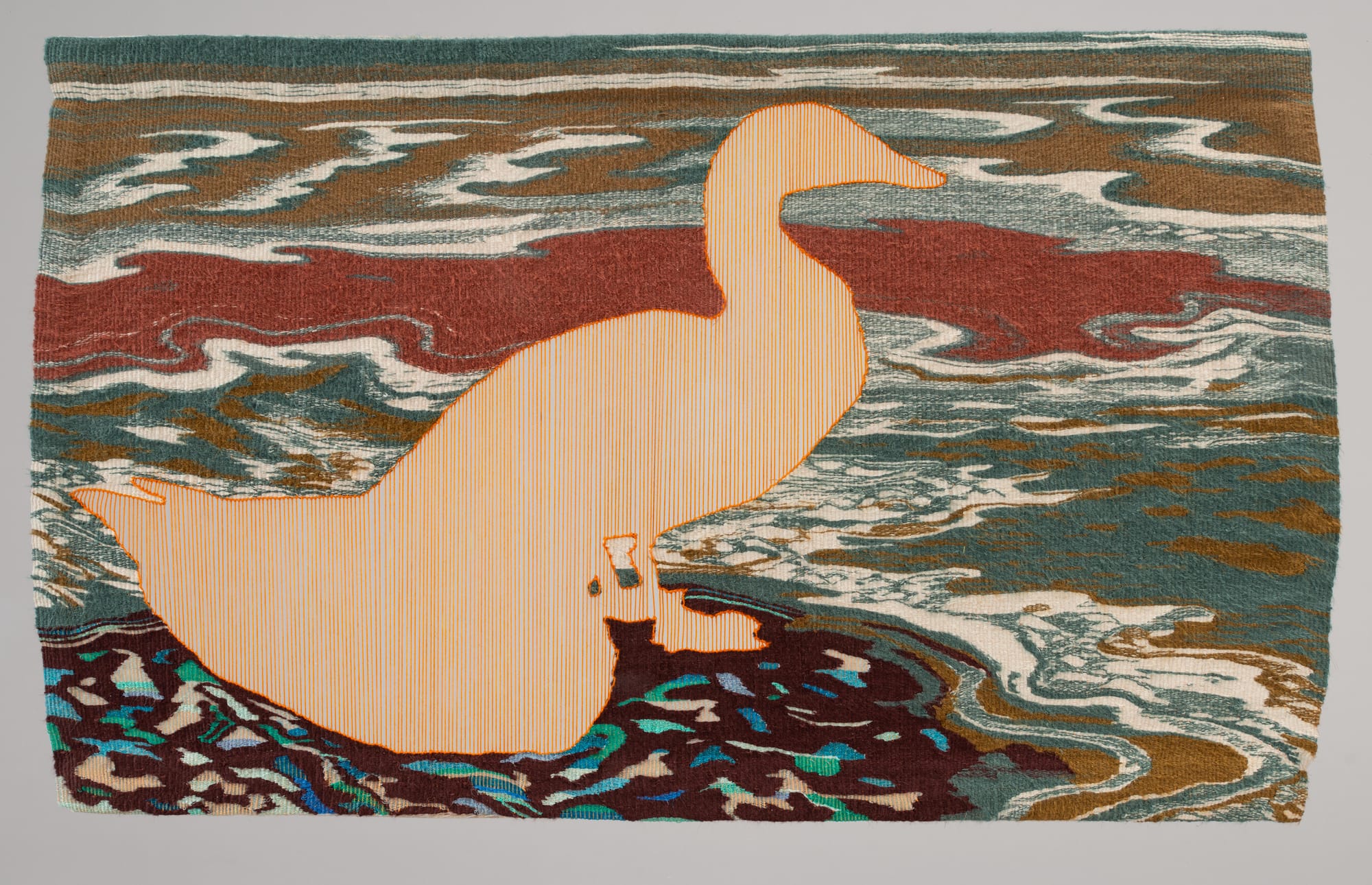 Tapestry artwork showing a duck-shaped outline over a swirled, marbled water-like background.