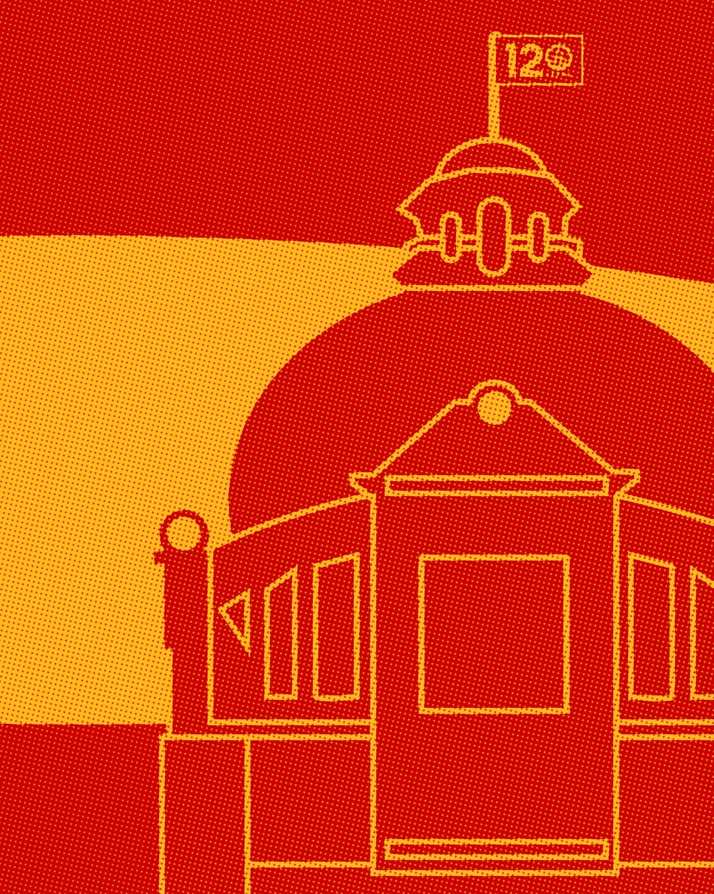 Red and yellow illustrated graphic of His Majesty's Theatre marking its 120th year