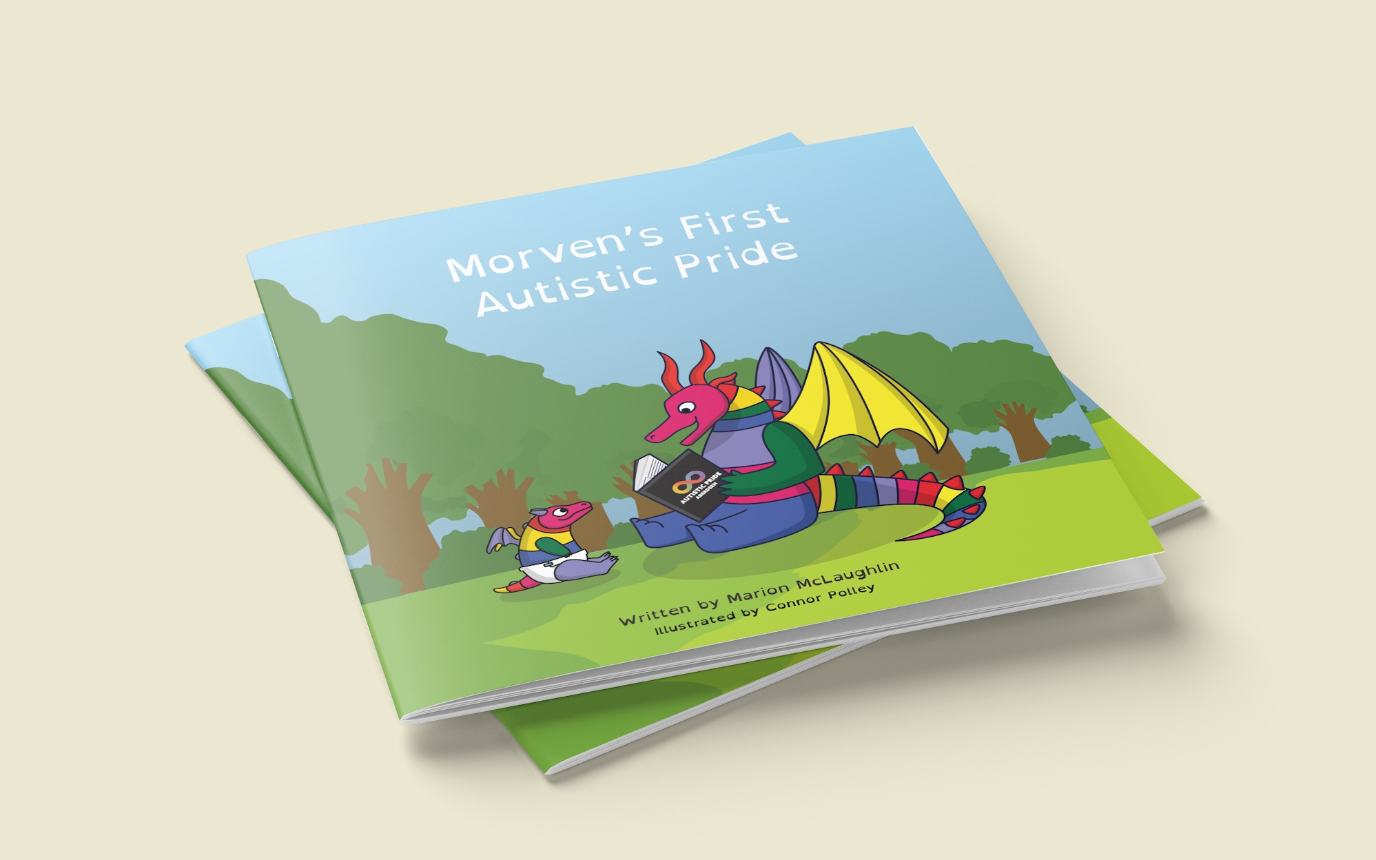 Cover of Morven's First Autistic Pride, showing two colourful dragons in a park setting.