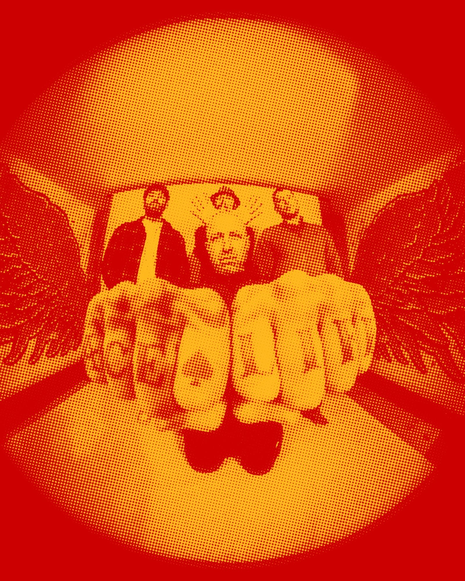 Halftone promo image of The Tempilstiks, four band members posed together in red and yellow tones