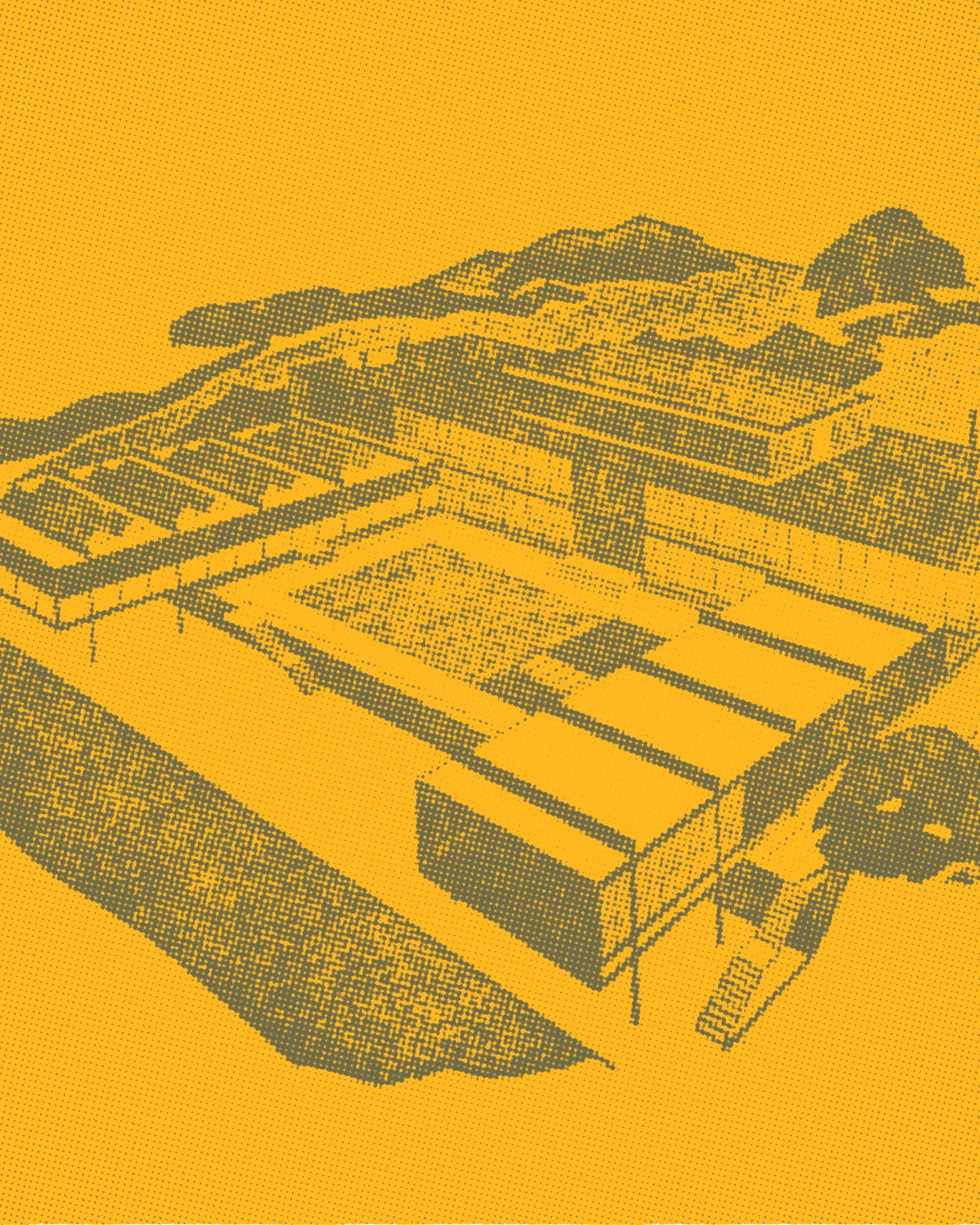 Halftone aerial illustration of Gray's School of Art building in yellow and grey tones