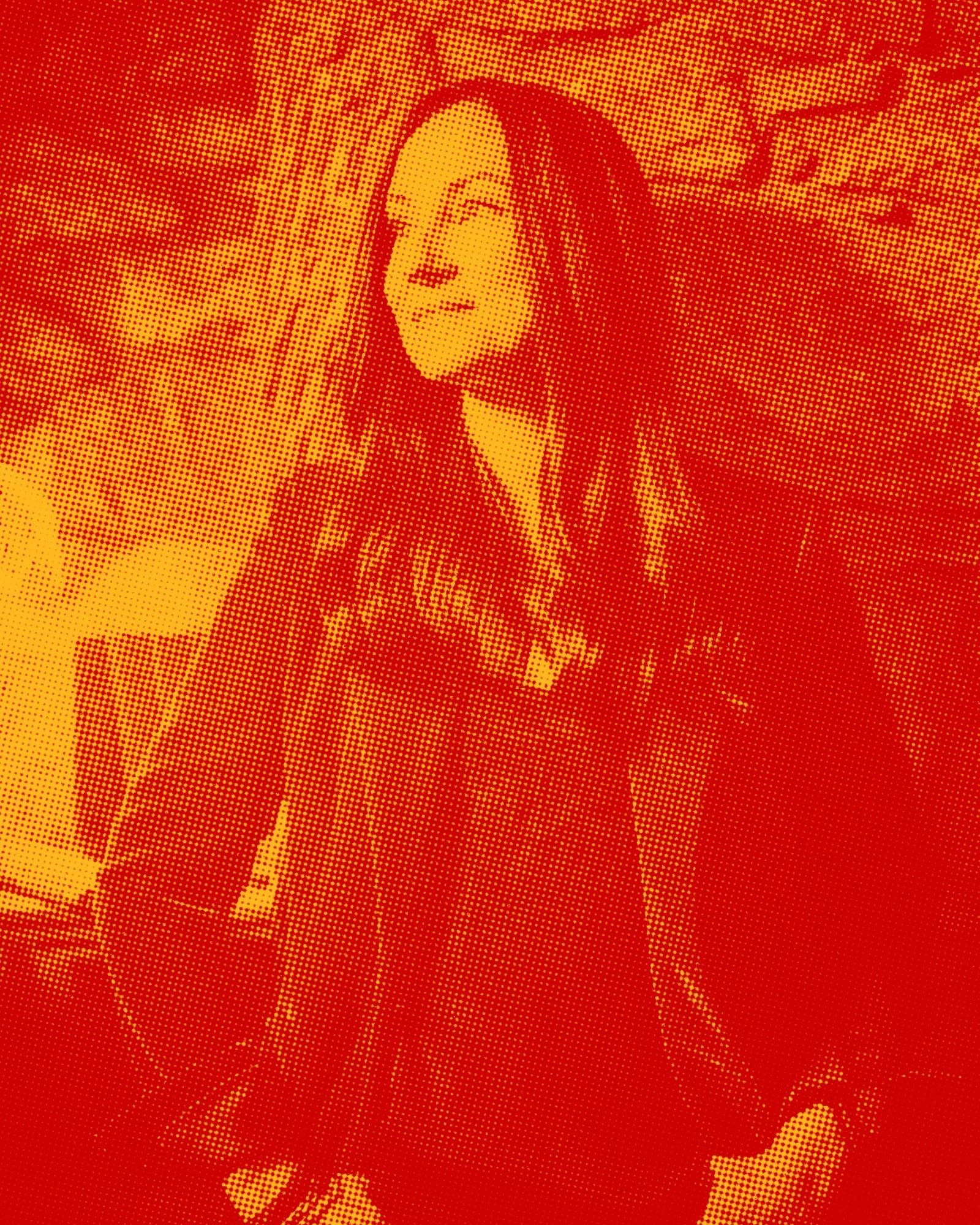 Halftone portrait of Julie Fowlis, long hair, looking upward, in red and yellow tones