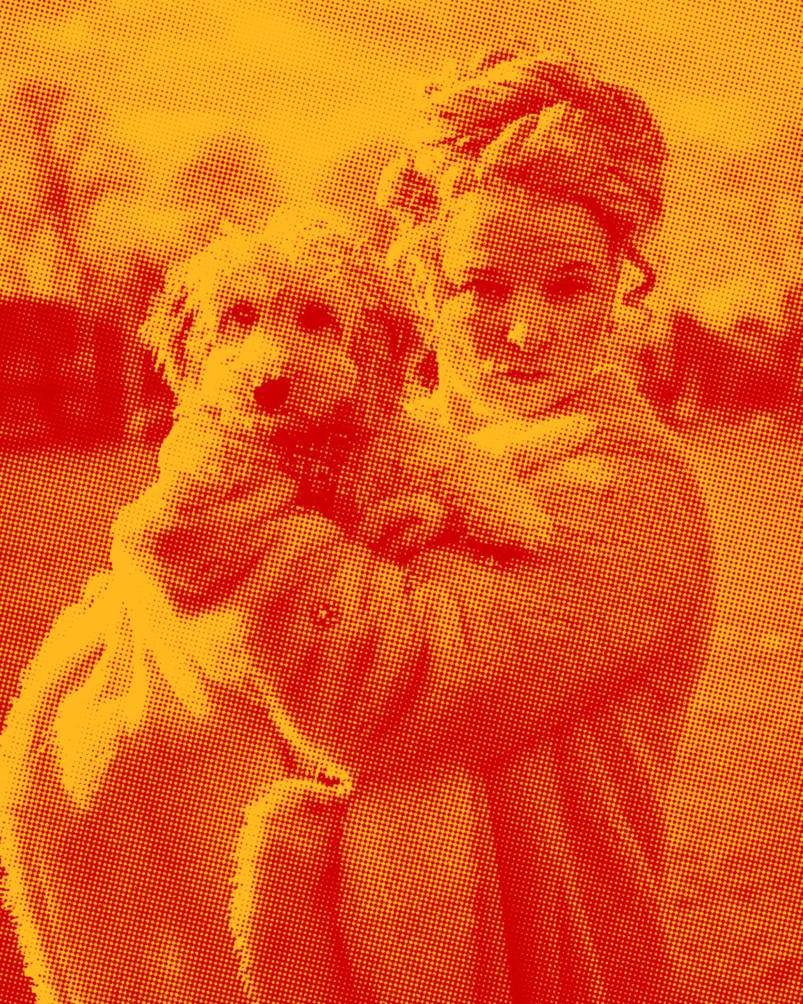 Halftone close-up of a young performer in costume with a dog, in red and yellow tones