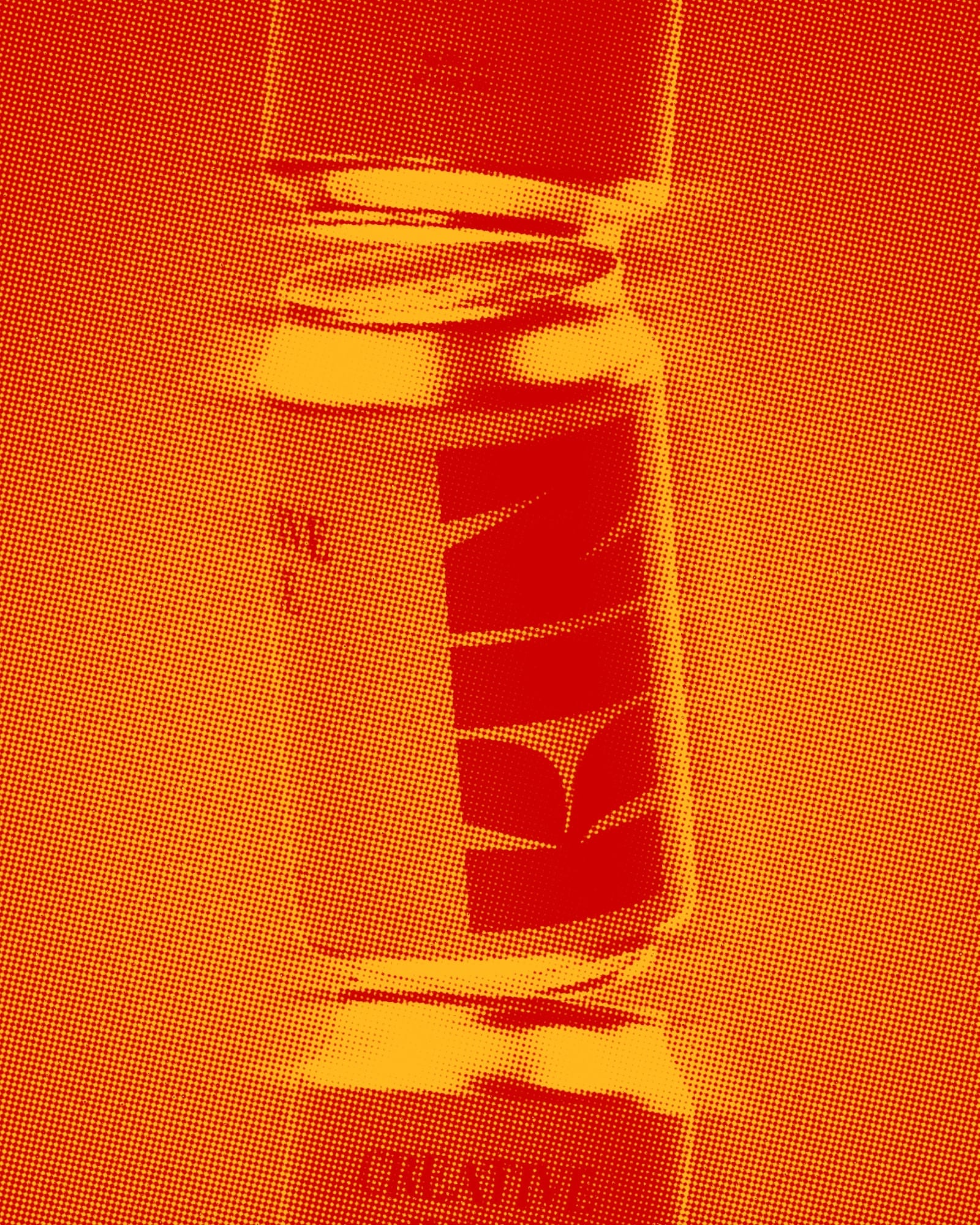 Halftone close-up of stacked beer cans in red and yellow tones