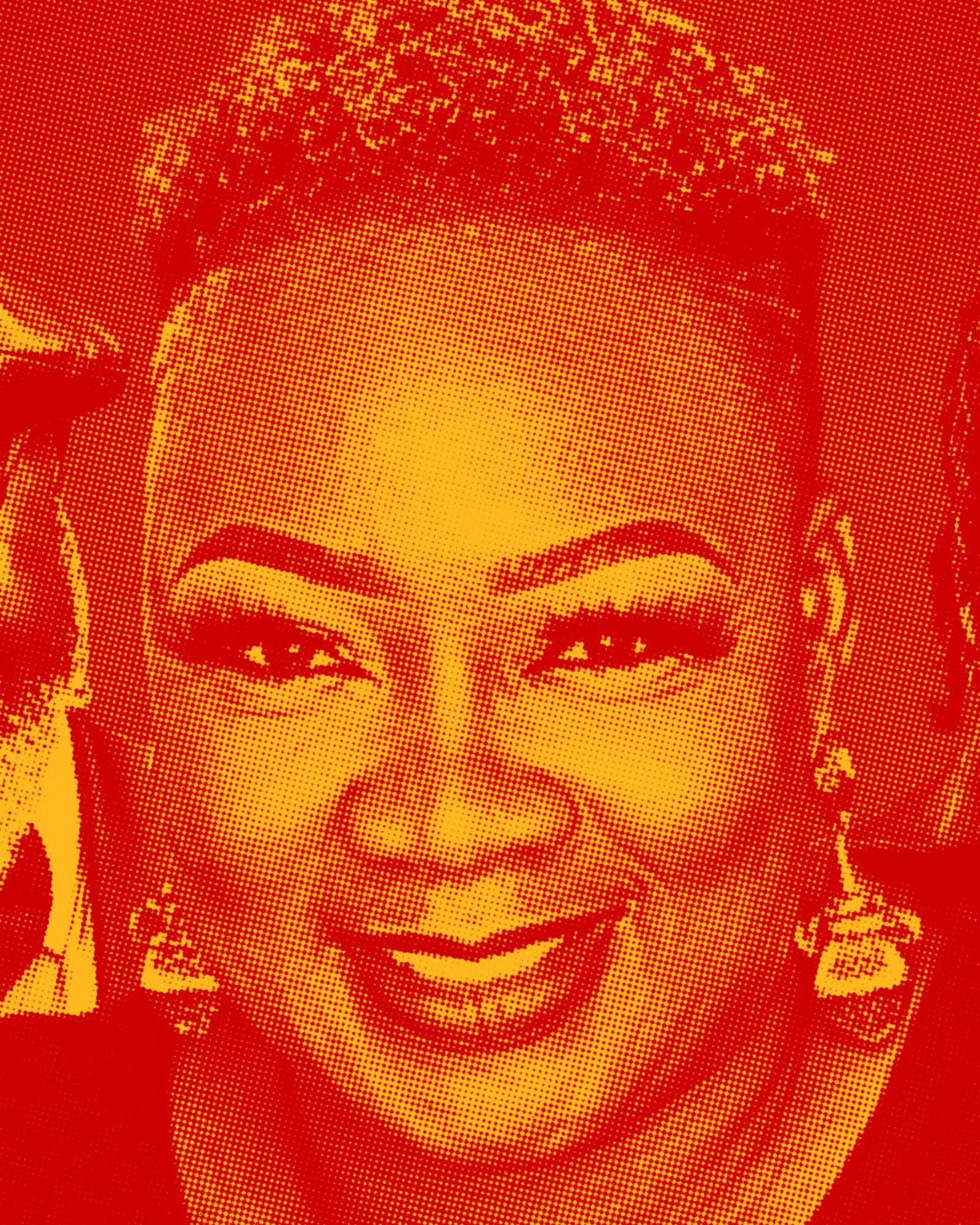 Halftone close-up portrait of comedian Princess, smiling, in red and yellow tones