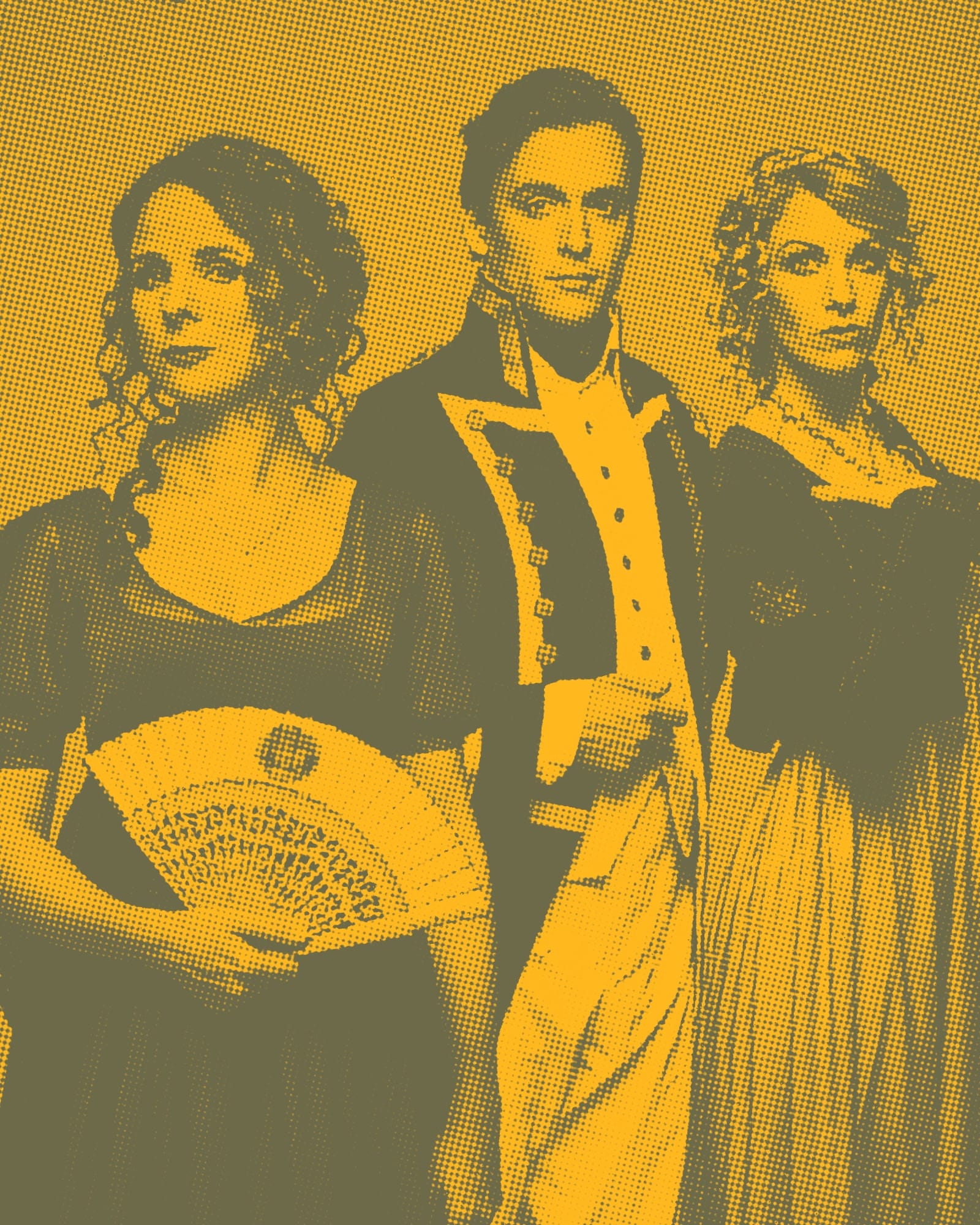 Halftone image of three performers in Regency period costume, in yellow and olive tones