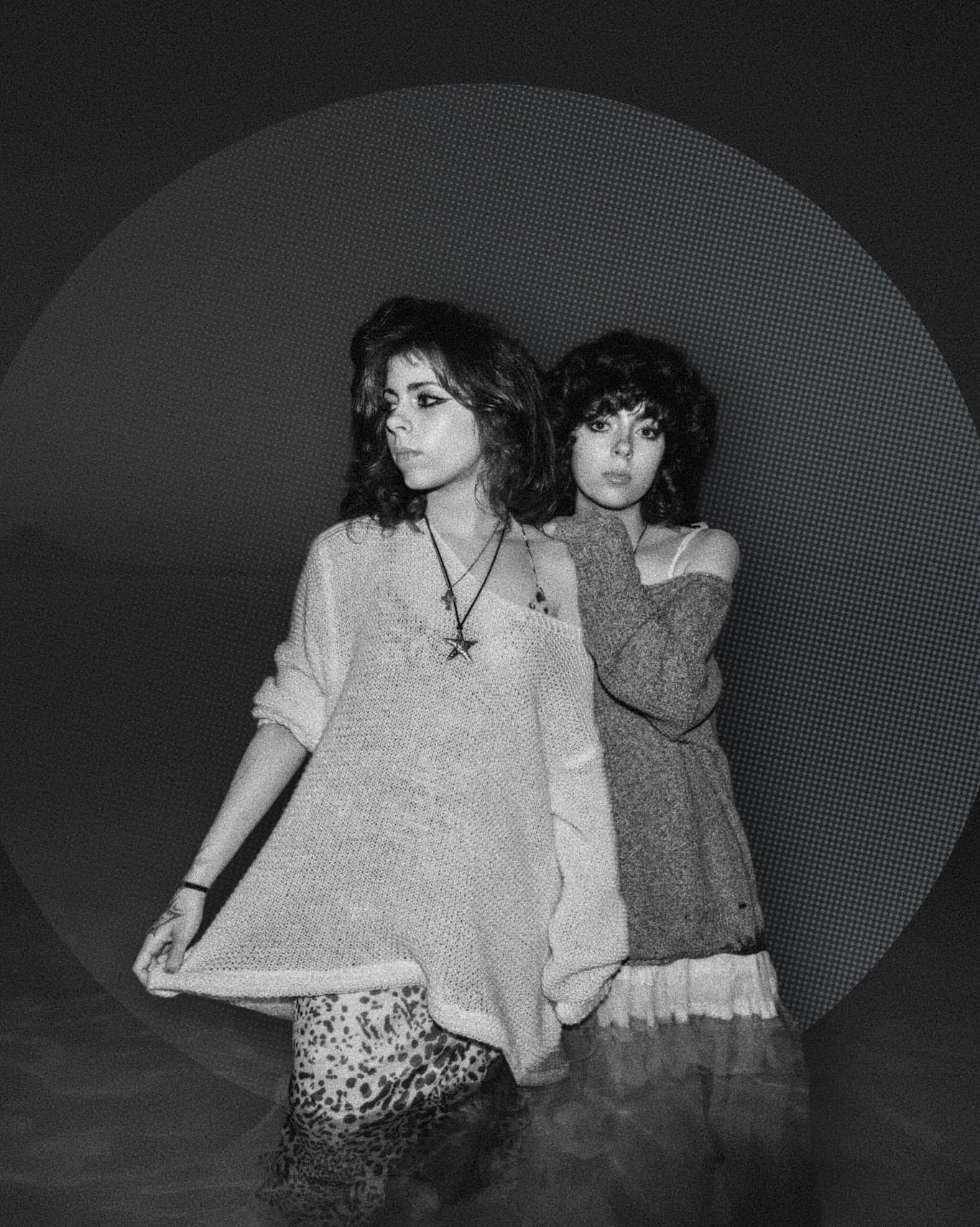 Black and white portrait of twin duo The Elidas, Venice and Belle Herrera