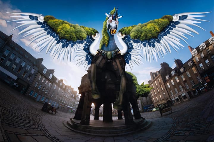 Digital artwork of Aberdeen’s Mercat Cross with a winged, robotic, tree-covered unicorn figure.