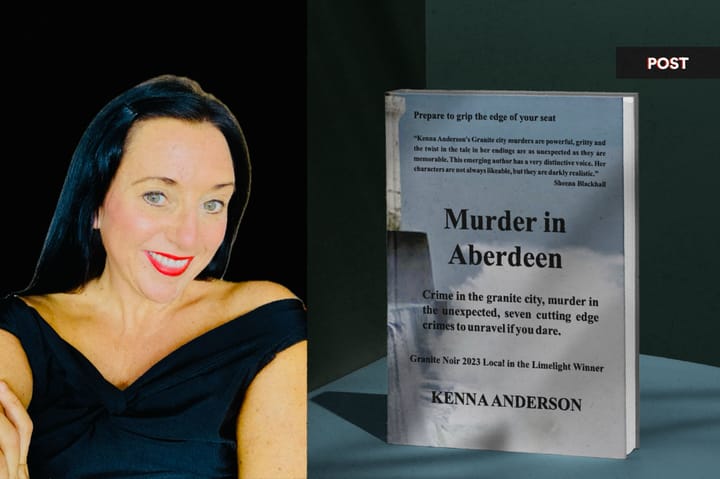 Kenna Anderson smiling beside her book Murder in Aberdeen against a dark background.