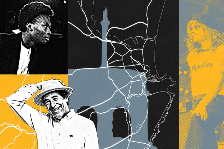 Collage showing a Cheapo cast member, comedian Mark Steel and Kyle Capollo, over a map of Aberdeen roads with the Mercat Cross silhouette. Designed for the October POST newsletter.