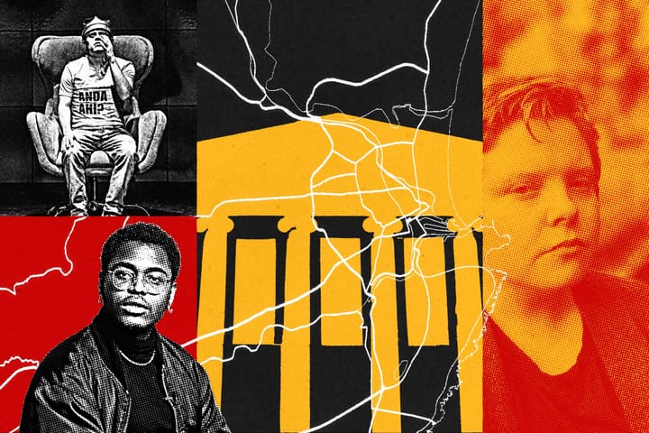Collage featuring Hamlet production, Lore, Music Hall and Elisabeth Flett in red, yellow, black.