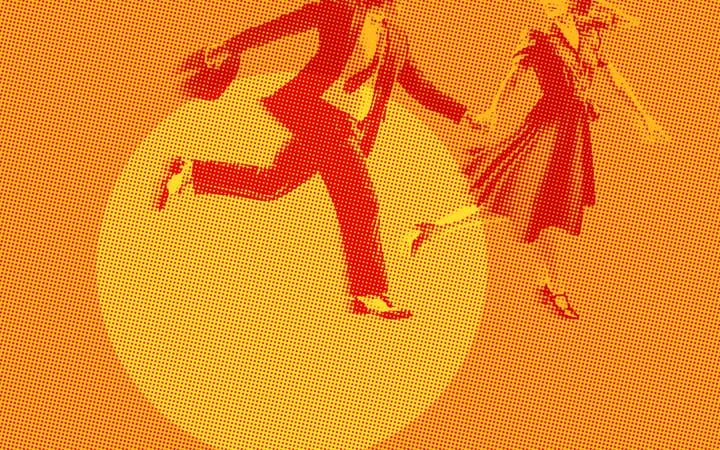 Halftone print of two dancers in red and yellow, mid-step against an orange background