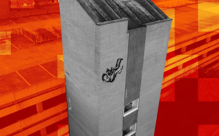 Falling figure mural on Chapel Street car park against a red and orange graphic background.