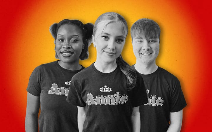 Joey Laing, Zoe Blair, and Matthew Smith in Giz Giz Youth Theatre Annie t-shirts
