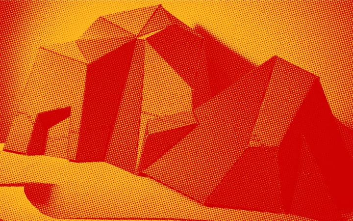 Geometric fabric sculpture with angular panels in sage, blue and beige, stitched with orange thread.
