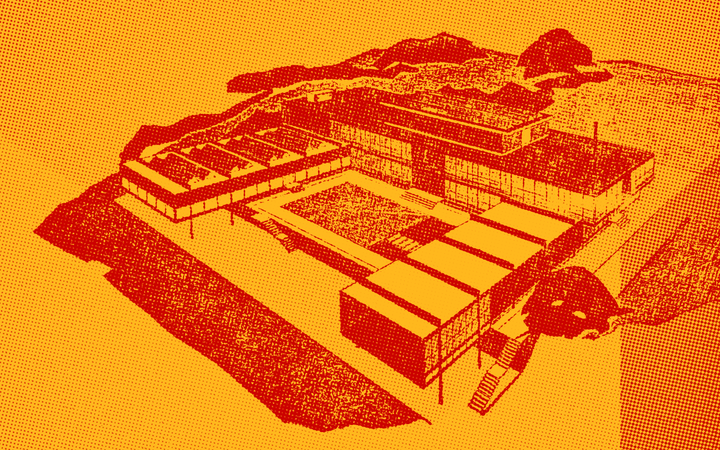 Architectural illustration of Gray's School of Art, Garthdee, in yellow and pink tones
