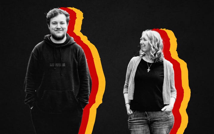 Connor Polley and Marion McLaughlin, black and white portraits on a bold red and yellow background.