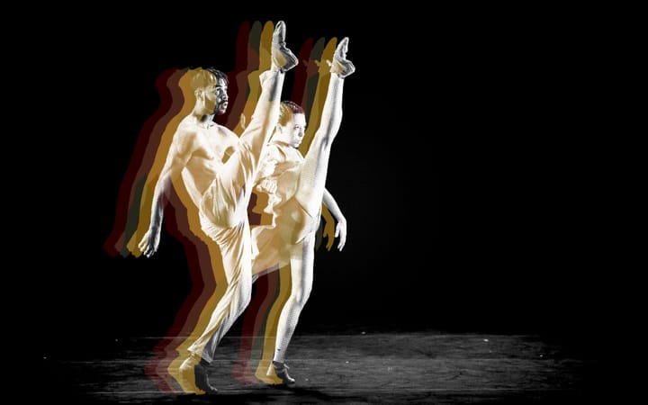 Halftone graphic of two dancers mid-leap, gold and red duotone, legs raised high