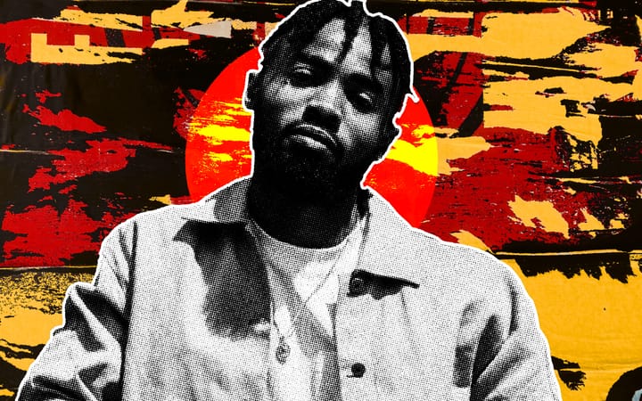 LikkLe bVnti in a halftone portrait against an abstract red and yellow background