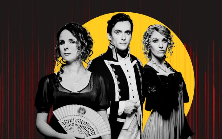 Three Austentatious cast members in Regency costume against a yellow circle and dark background