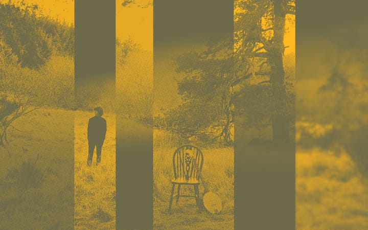 Halftone yellow and green image of a lone figure and an empty wooden chair in a field.