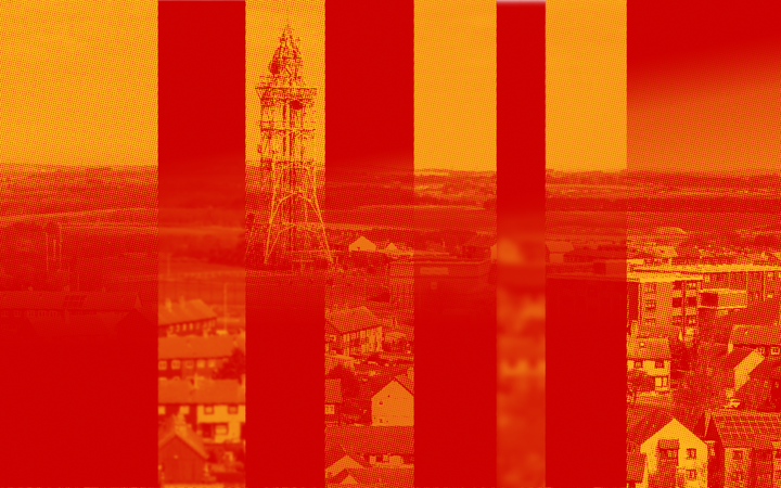 Aerial view of Northfield in red and orange tones