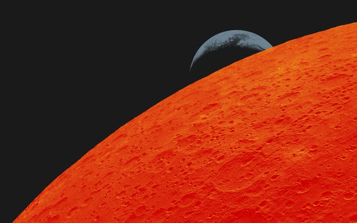 Illustration of the moon in the foreground with crescent Earth behind it