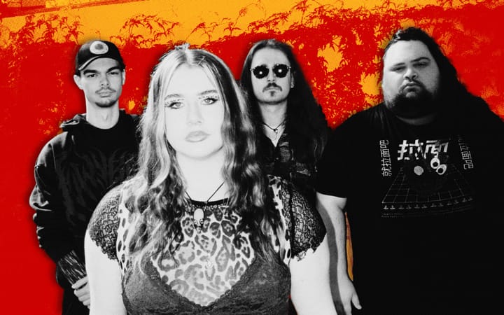 Four members of TigerDrive in black and white against a red and yellow halftone background.