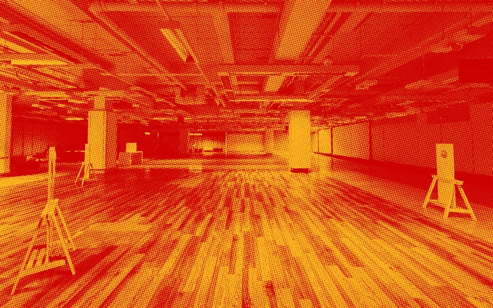 Empty interior of the former Debenhams unit, duotone red and yellow treatment